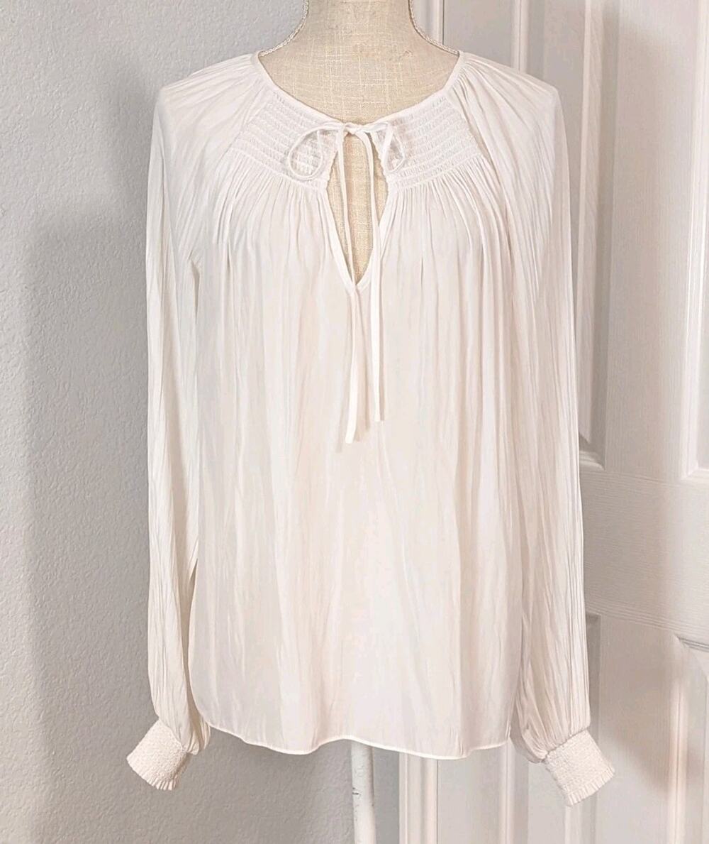 Ramy Brook New Henri Ivory White Puff Sleeve Blouse Smocked Cuff Tie Size MEDIUM